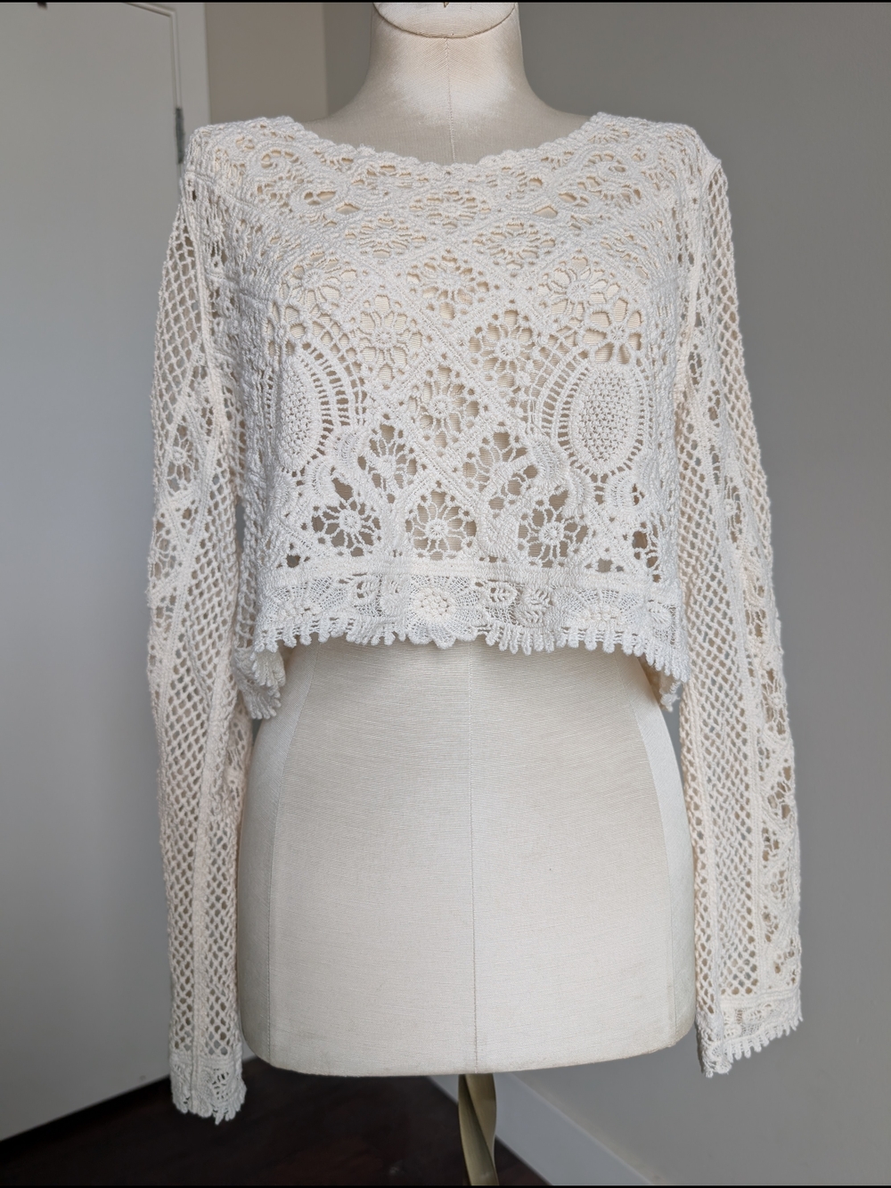 GLG 100% Cotton Cream Crochet Boho Summer Lace Top /Swim Cover Up Size M